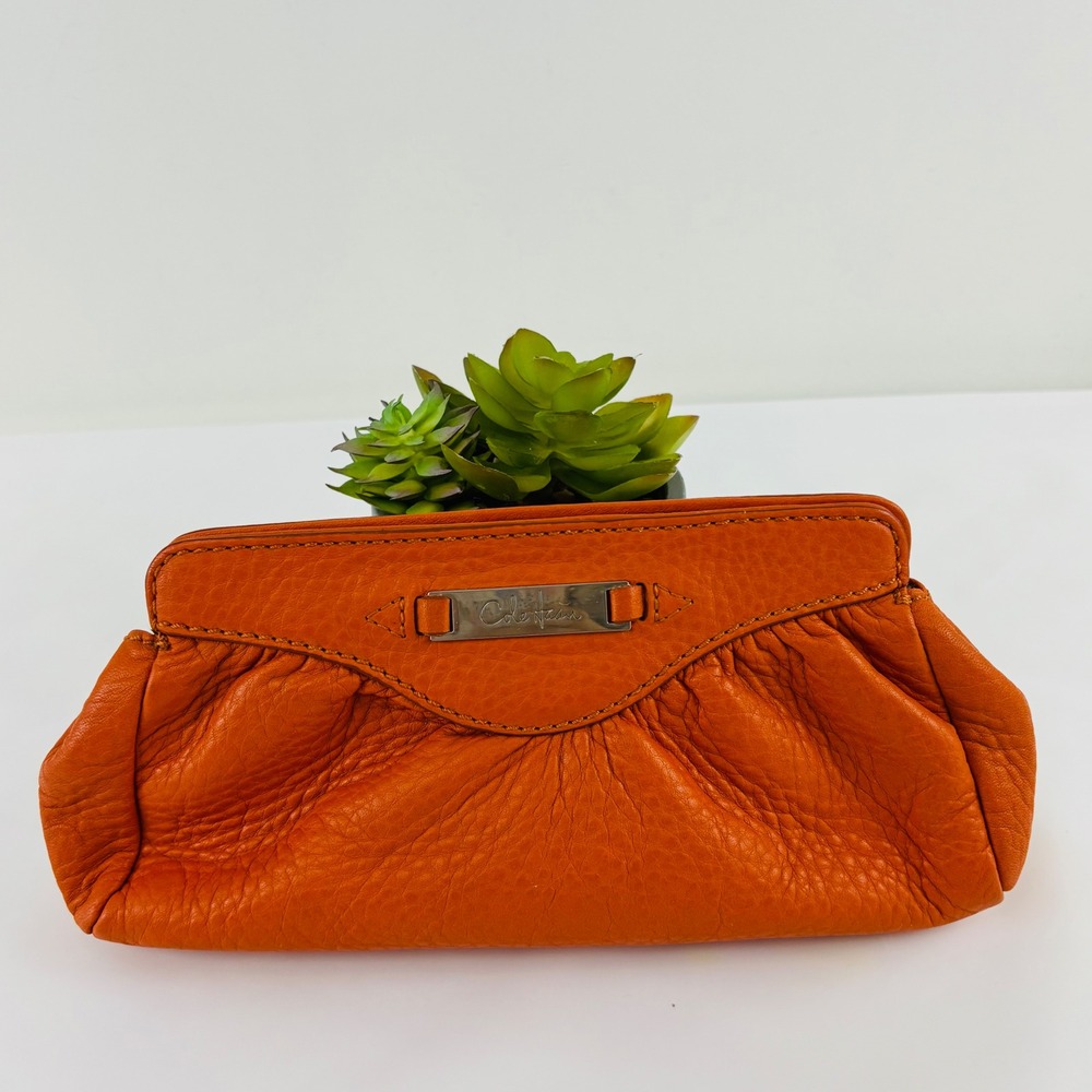 Cole Haan Orange Pebbled Leather Pleated Frame Clutch Bag Evening Pouch